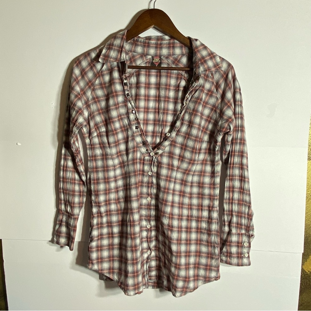 Free People Red, Black & White Plaid  Blouse With Stud Embellishments